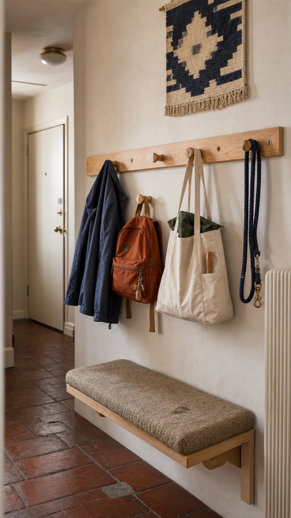 Accessible wall hook drop zone for coats bags and keys in a compact hall