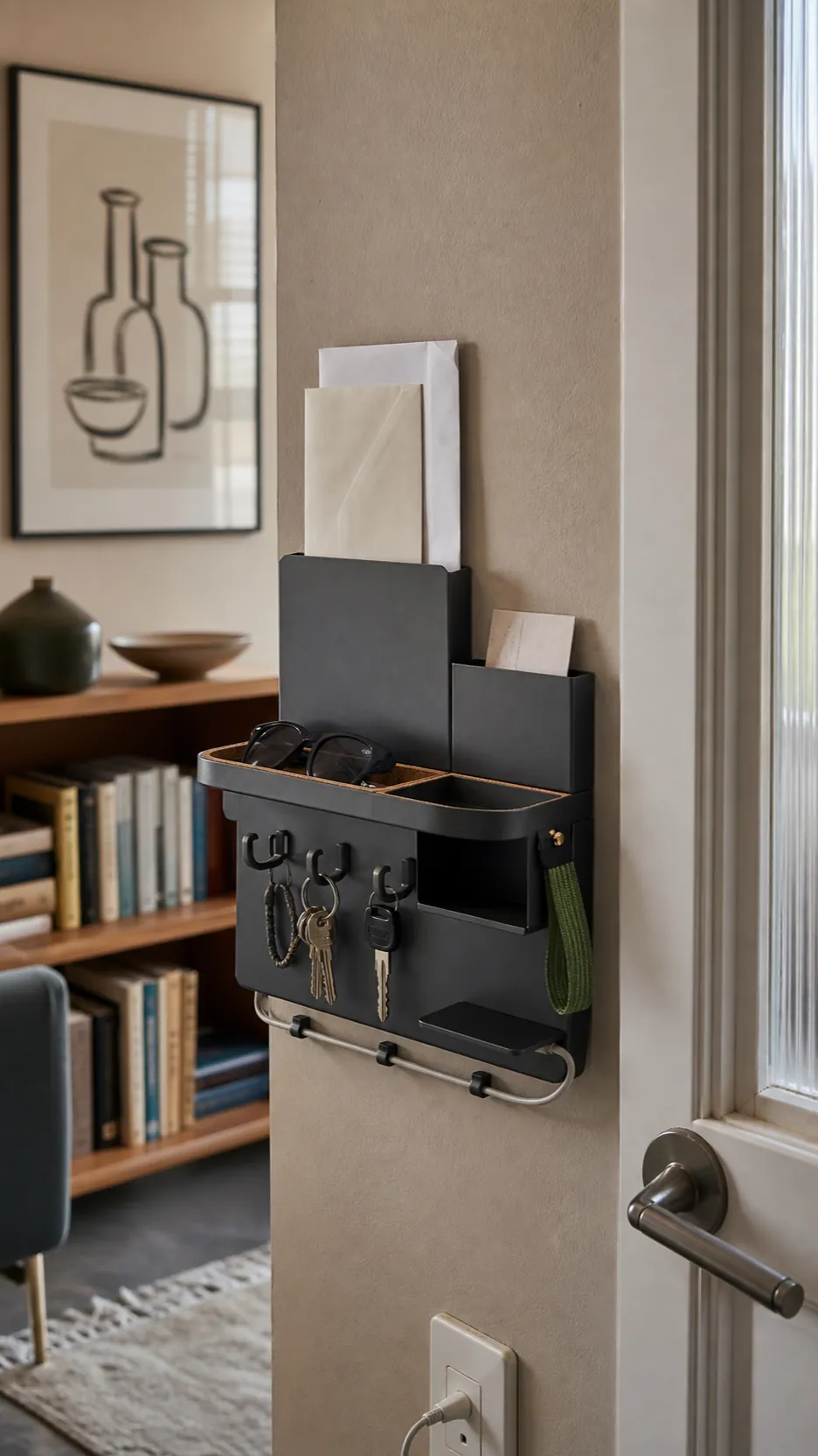 Small wall-mounted organizer for keys mail and everyday pocket items