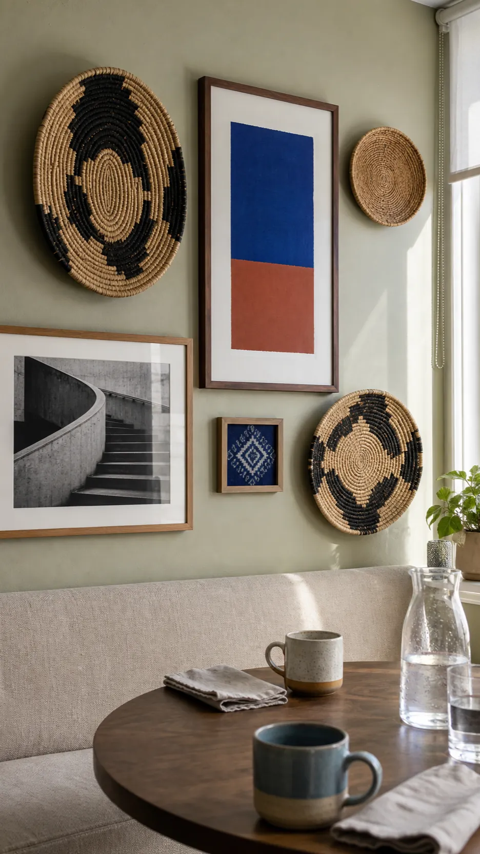 Round woven baskets balanced with rectangular boho wall prints