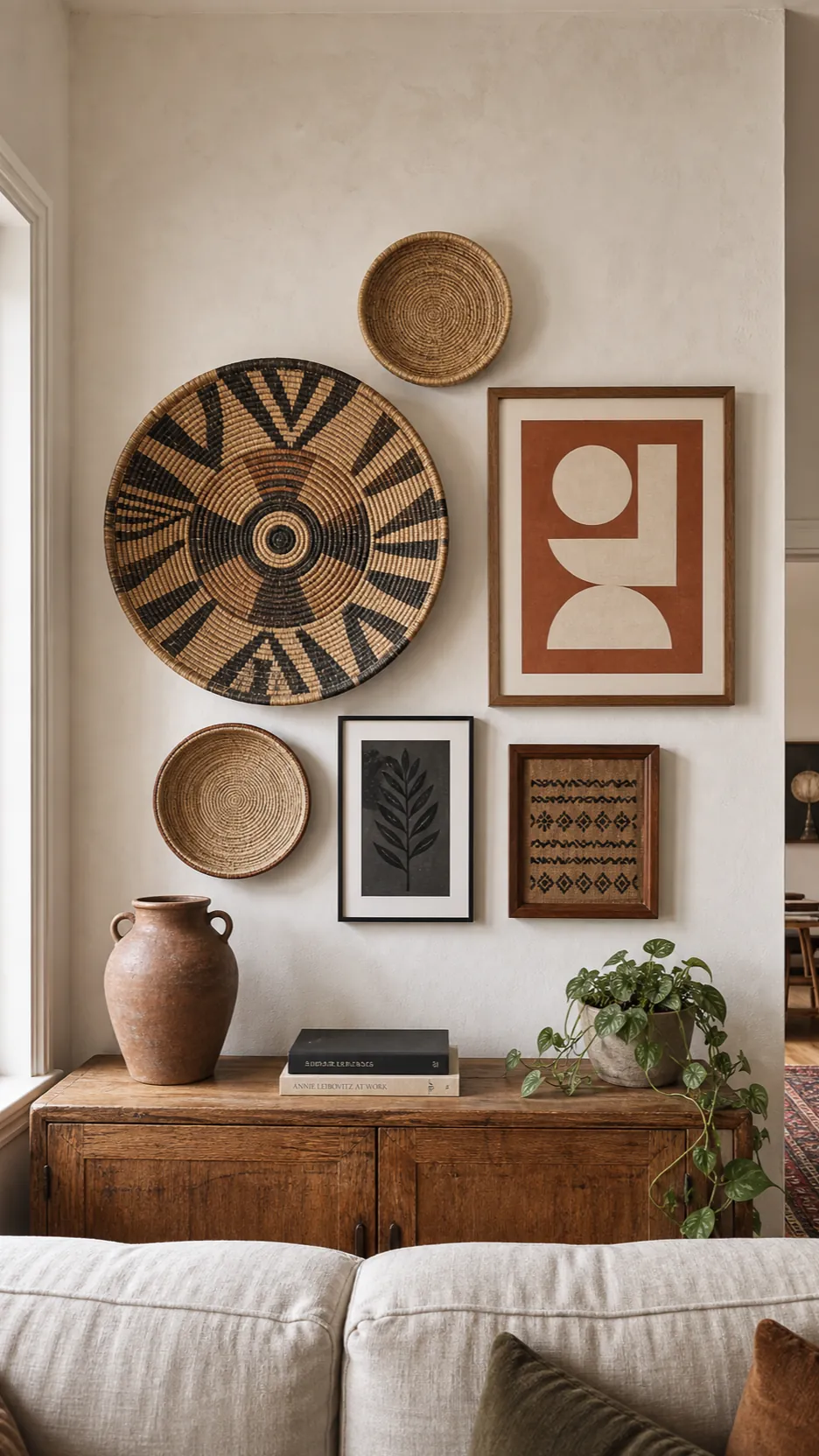 Layered boho gallery wall with woven baskets and framed prints