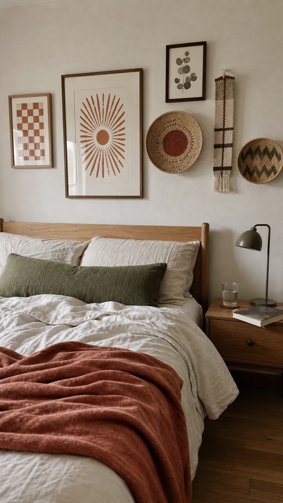 Terracotta and olive color palette repeated across boho prints and baskets