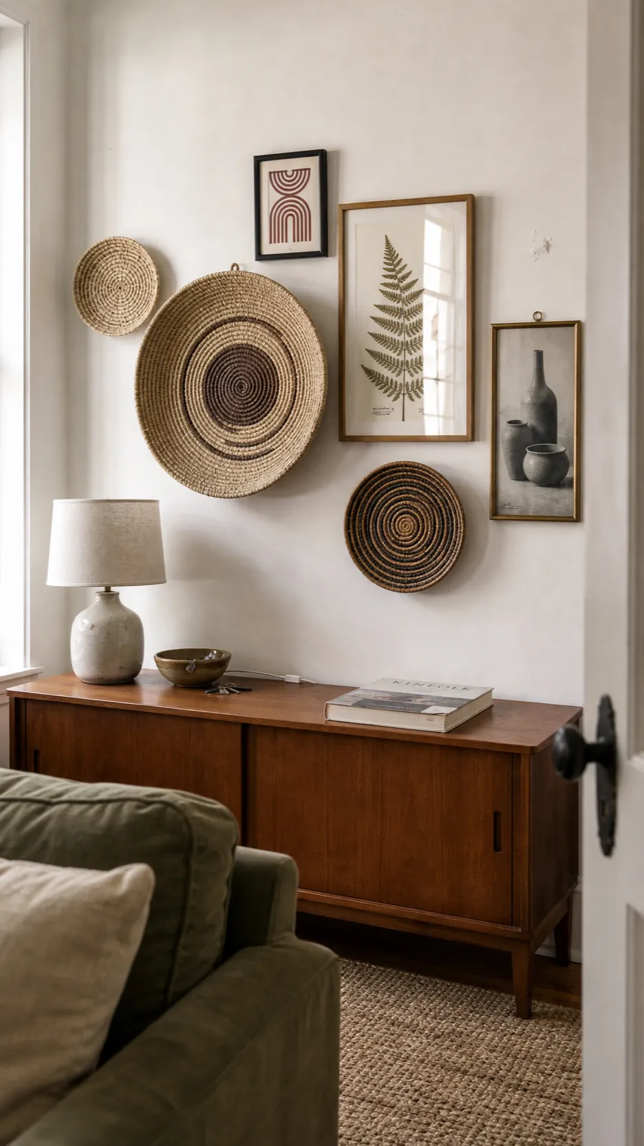 Boho gallery wall with a woven basket anchor and framed botanical prints