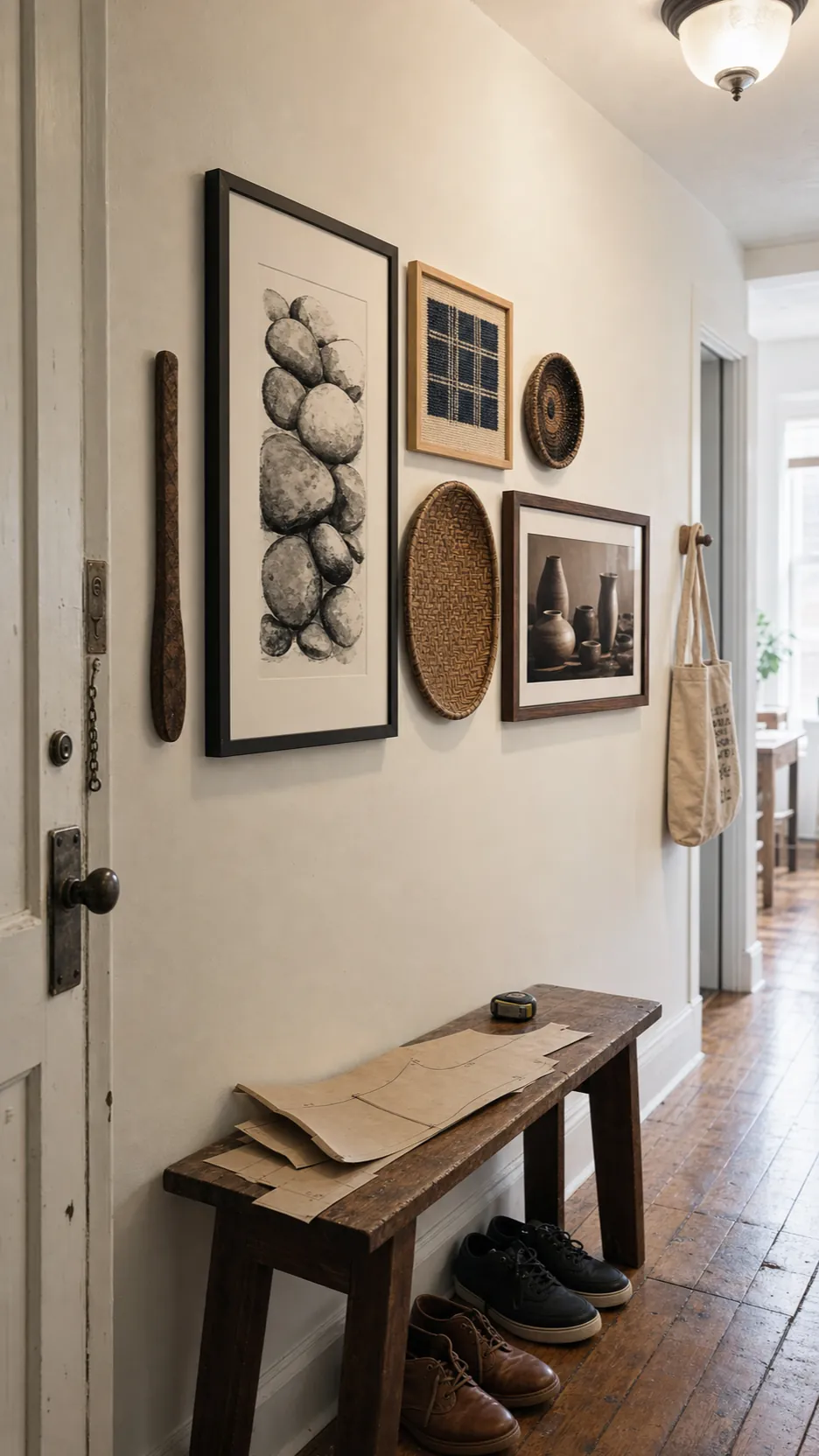 Even spacing between eclectic frames and woven wall baskets
