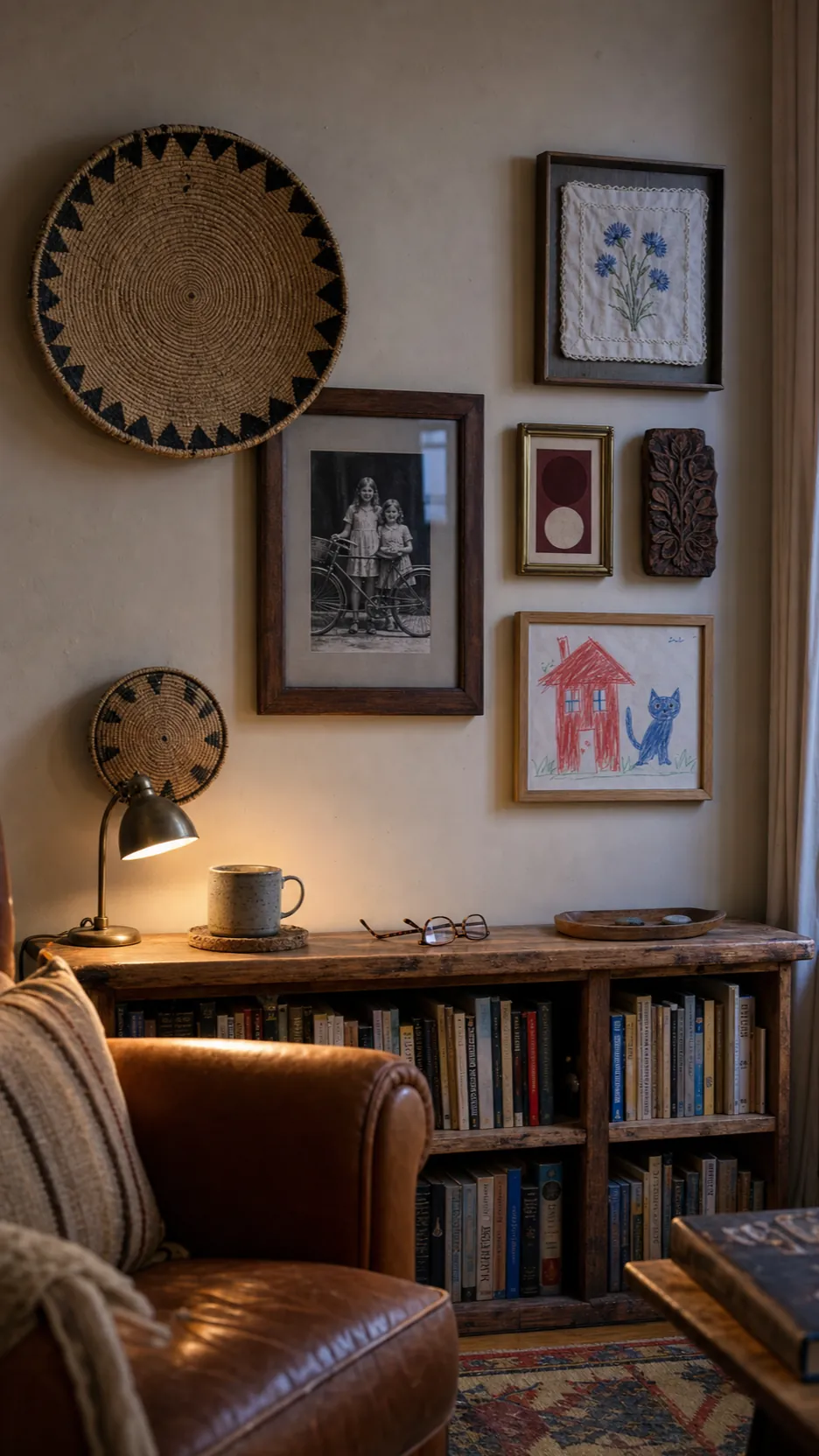 Finished personal boho gallery wall above a wood console