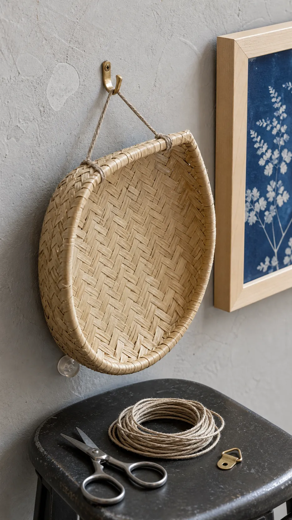 Close view of secure hanging hardware on a woven wall basket