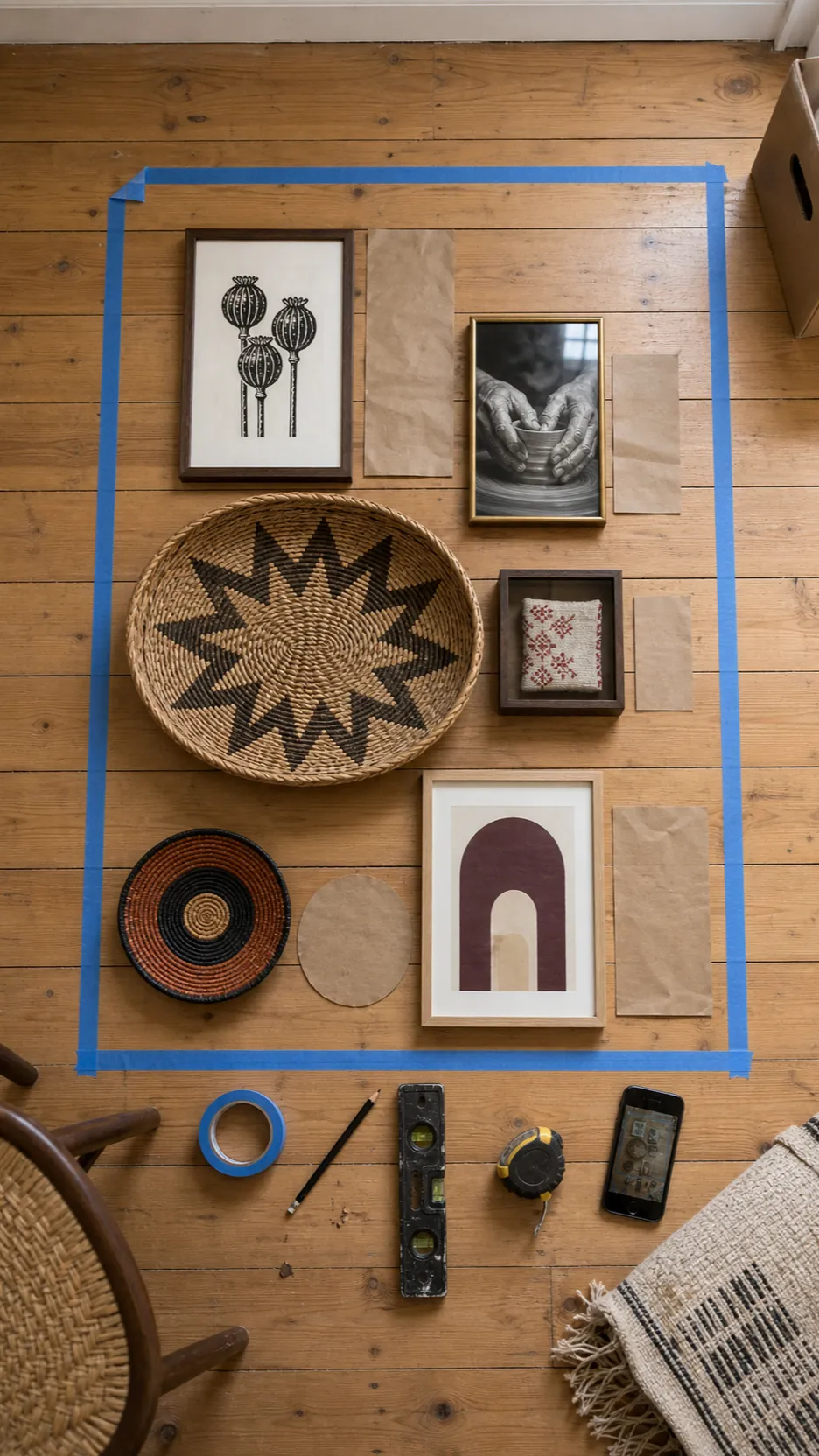 Baskets and framed prints arranged on the floor before hanging