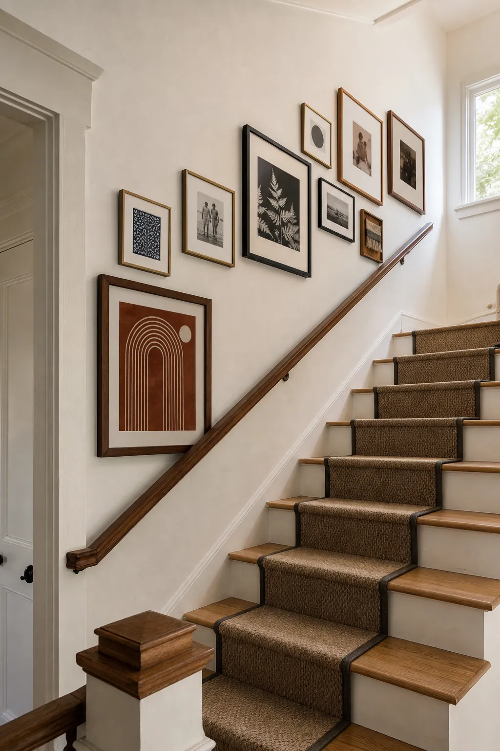 Balanced stairway gallery wall following the angle of wood stairs