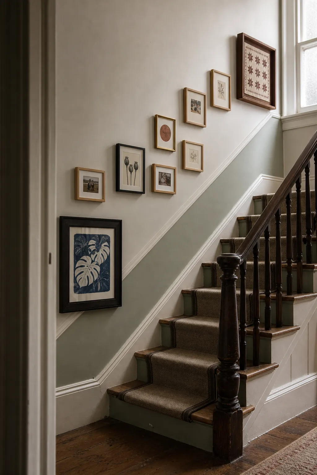 Balanced large frames at both ends of a staircase gallery wall