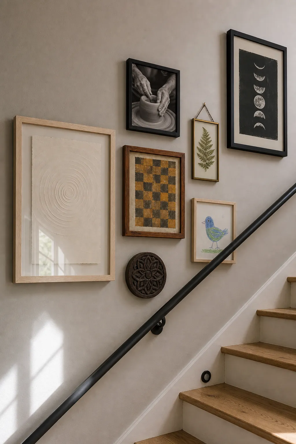 Mixed frame sizes with balanced visual weight along a staircase