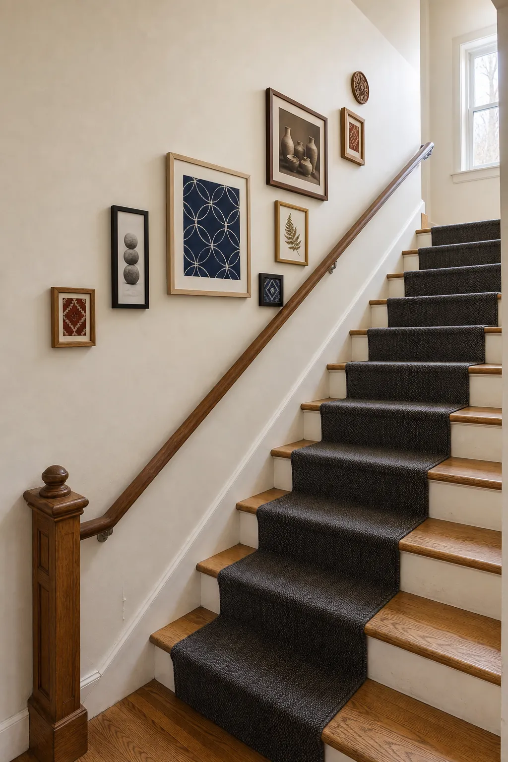 Stairway gallery wall arranged along a diagonal centerline
