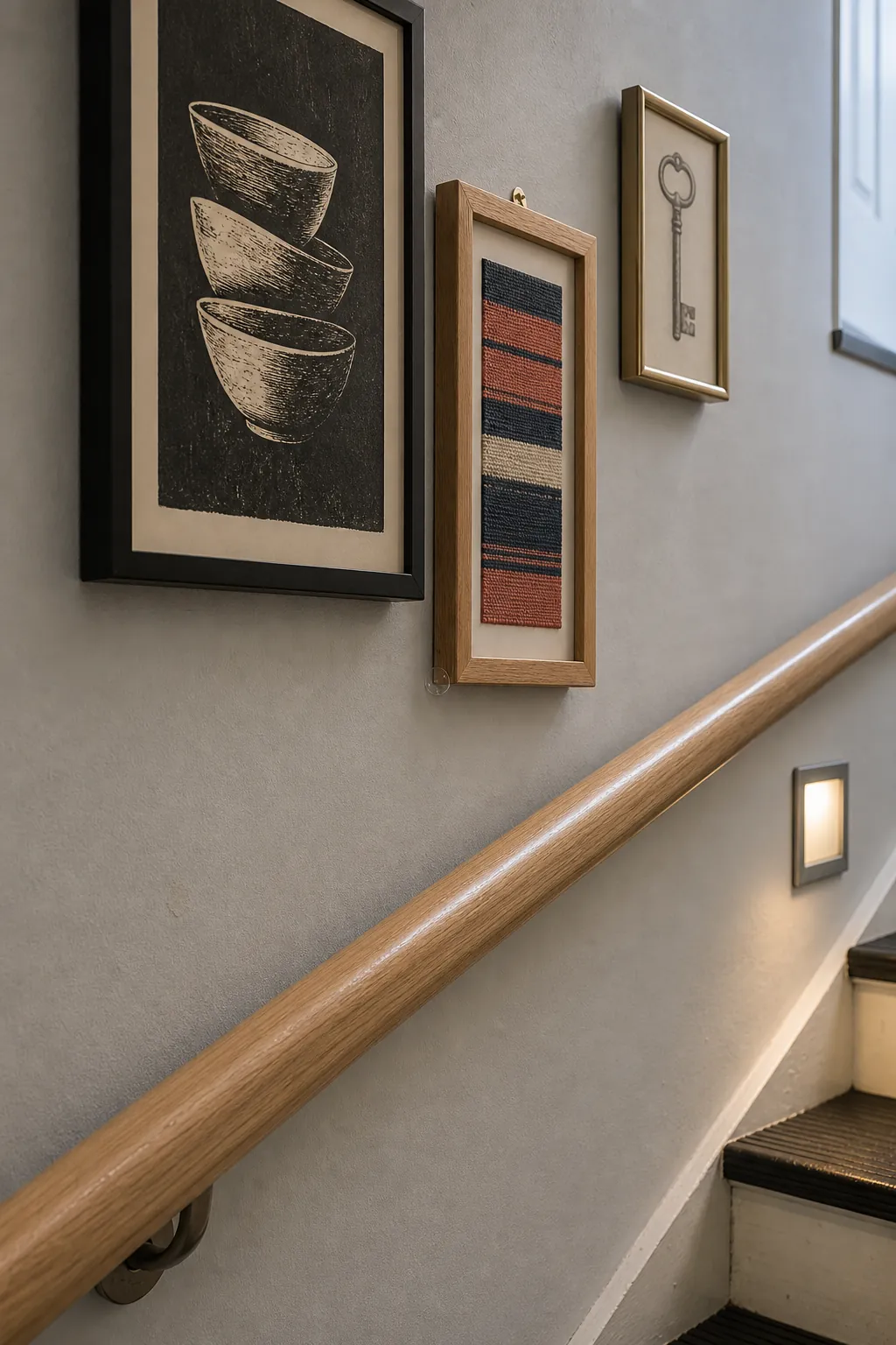 Gallery frames safely spaced above a staircase handrail