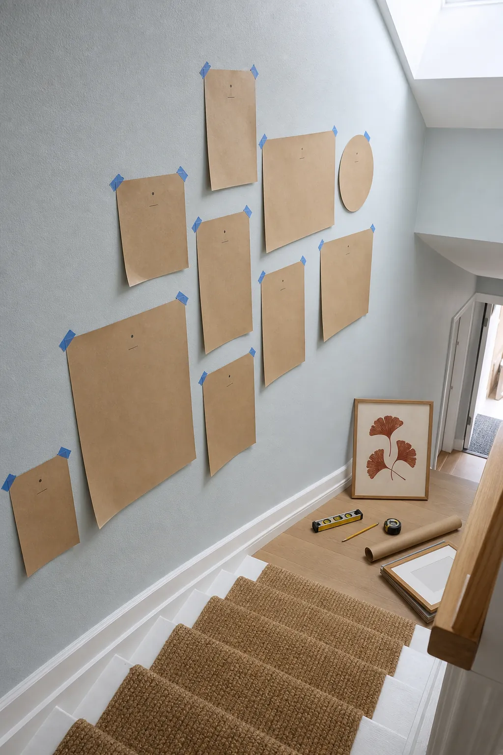 Kraft paper templates planning a staircase gallery wall