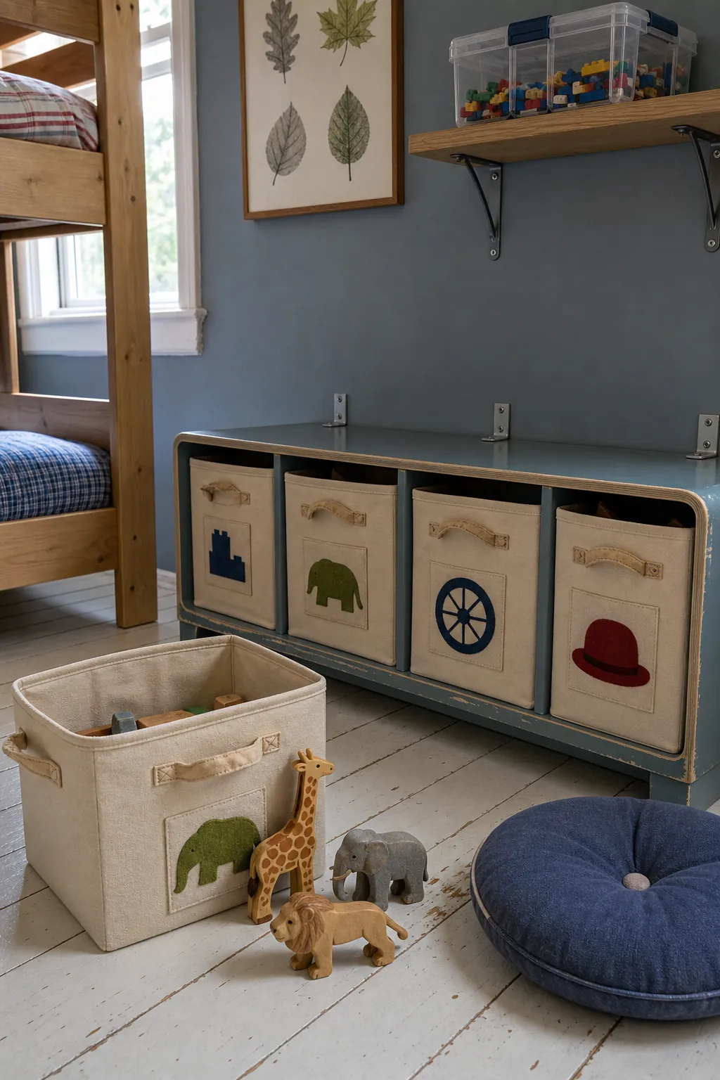 Child-height cleanup bins using simple broad toy categories