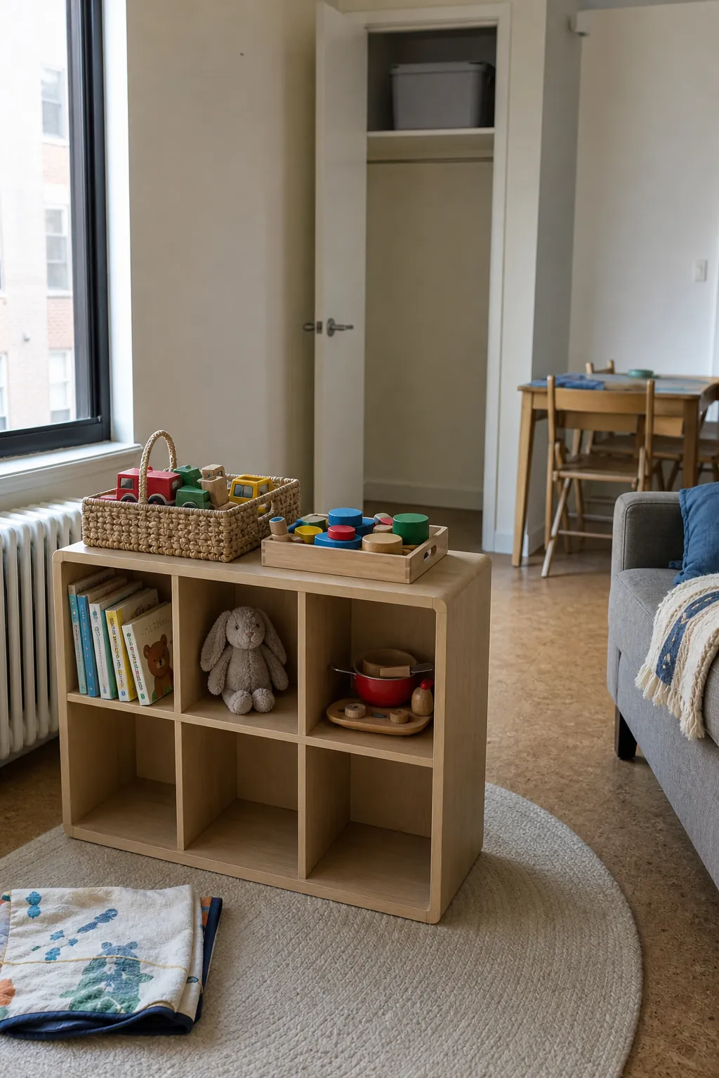 Small living room with a limited active toy rotation on low shelves