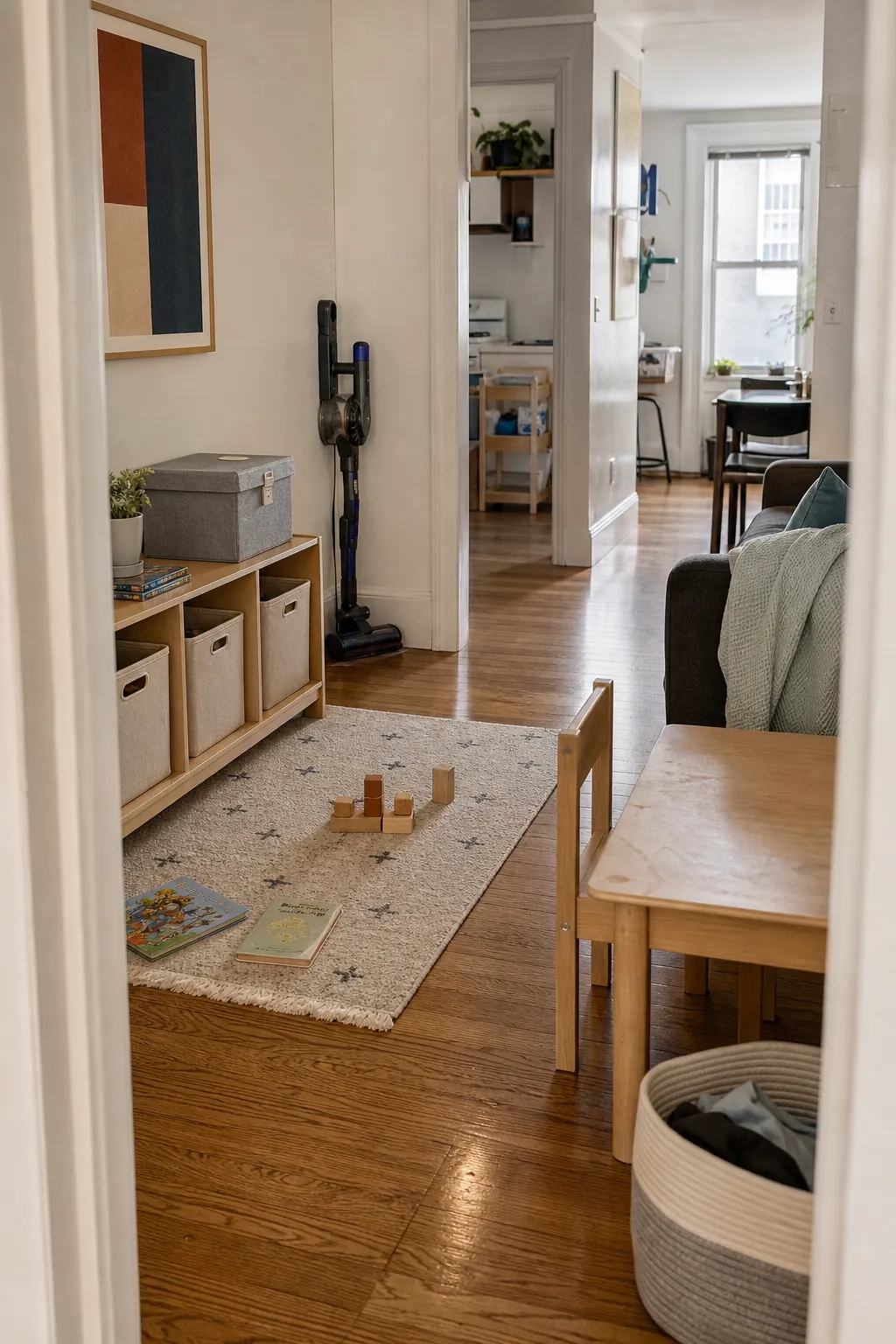 Practical clean and organized small family living room with kids storage