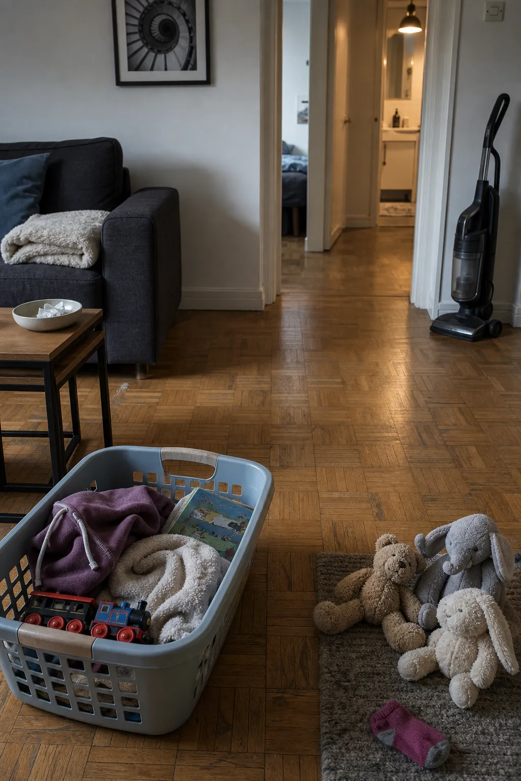 Laundry basket pickup method clearing the floor in a small family home
