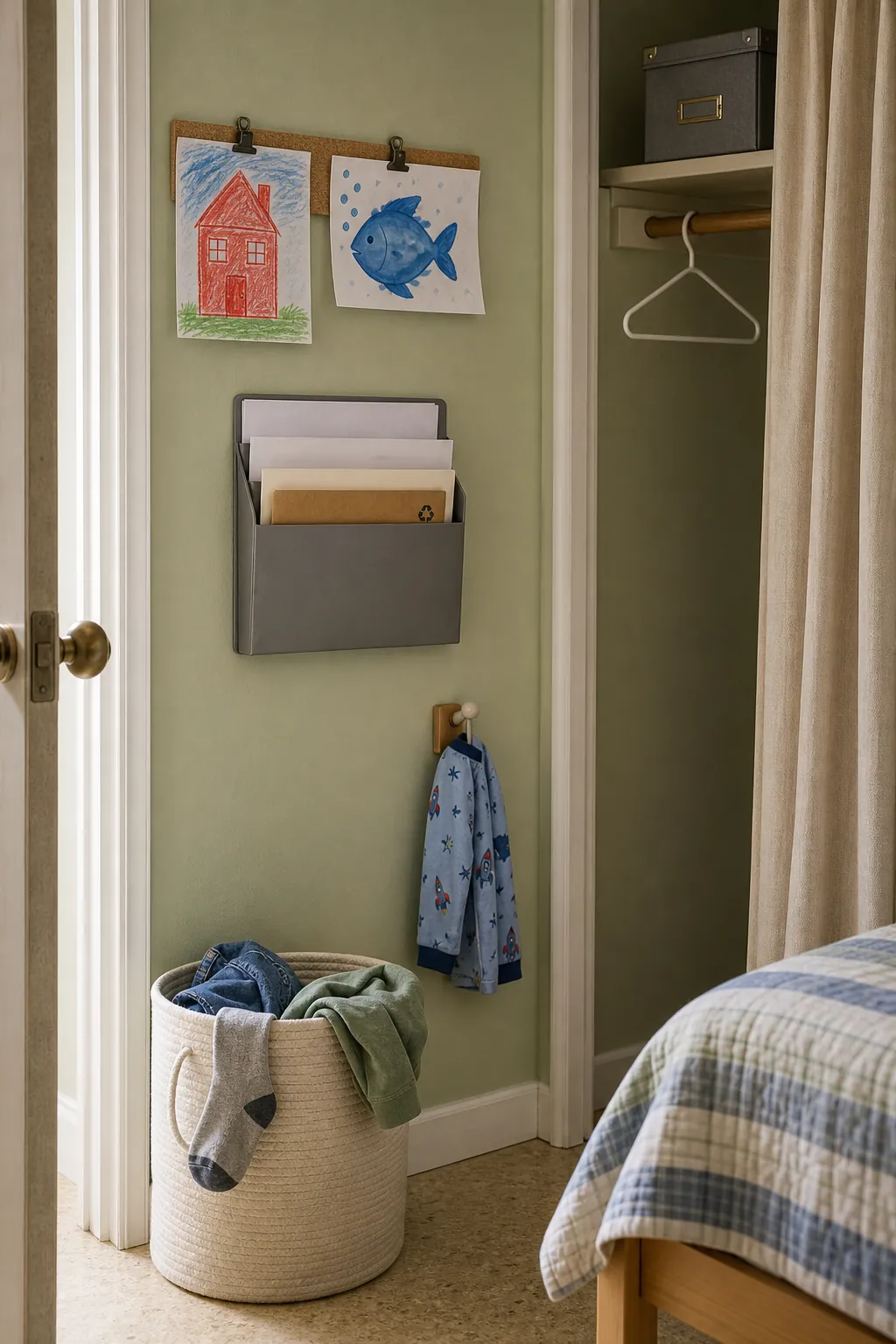Compact child-accessible laundry and school paper landing station