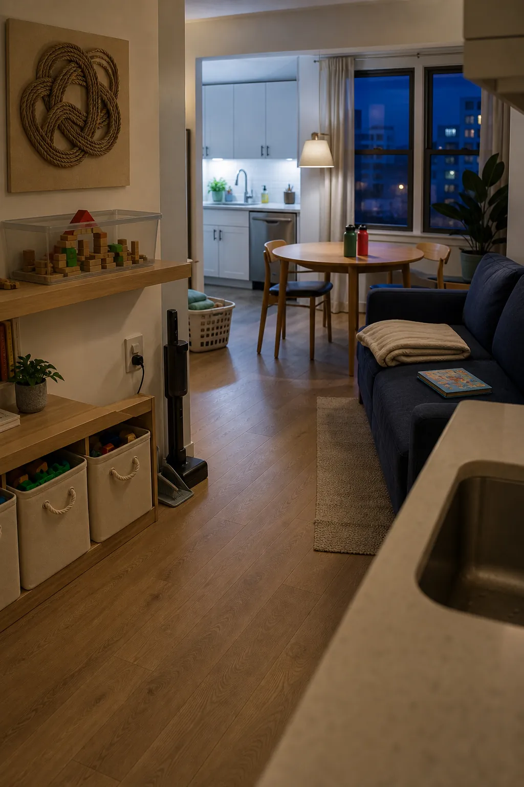 Small family living room ready after a ten-minute evening reset