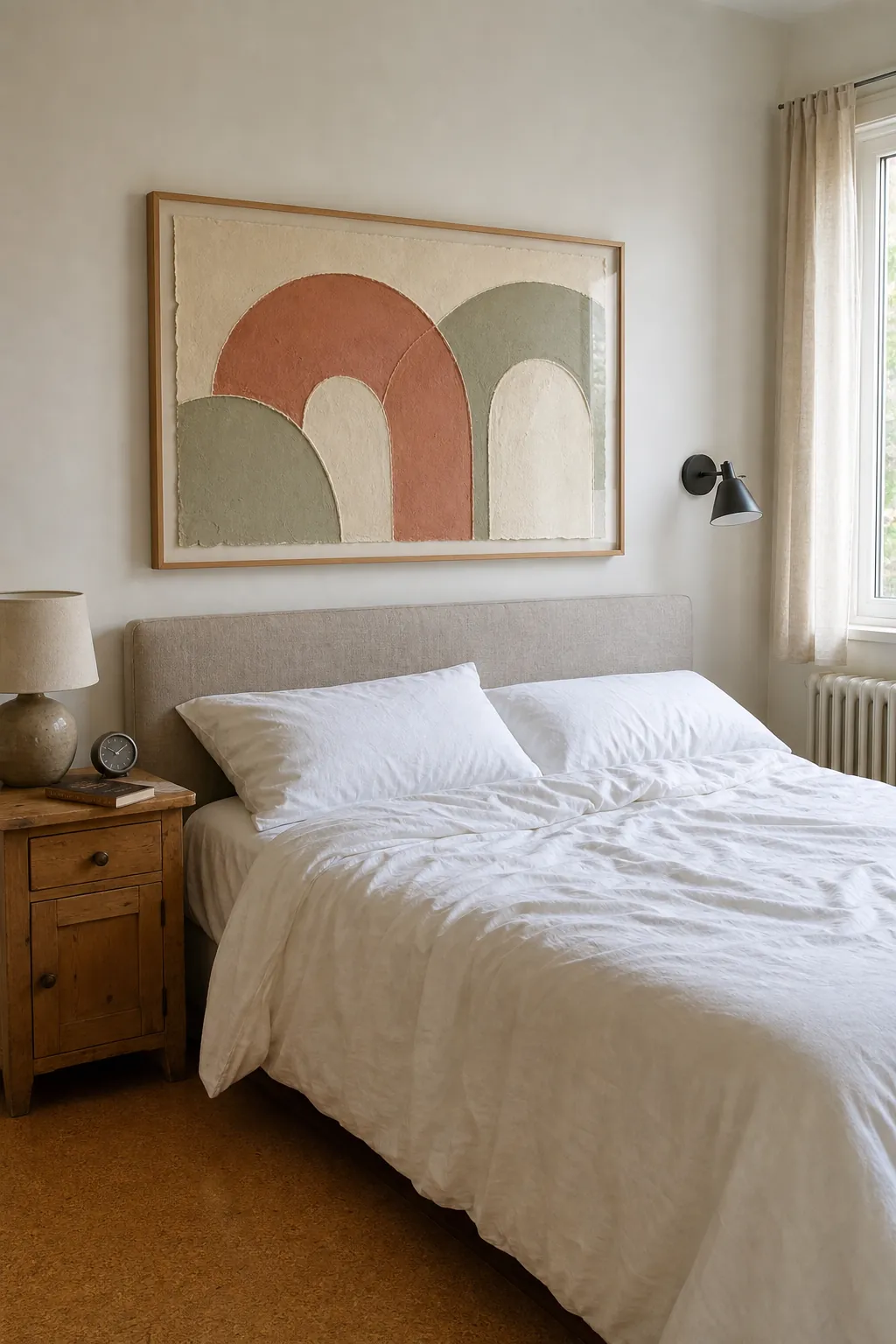 Wide lightweight artwork centered above a linen headboard