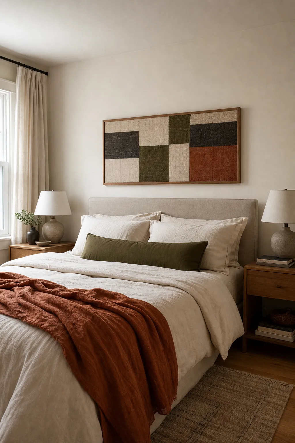 Calm bedroom with properly scaled lightweight wall decor above the bed