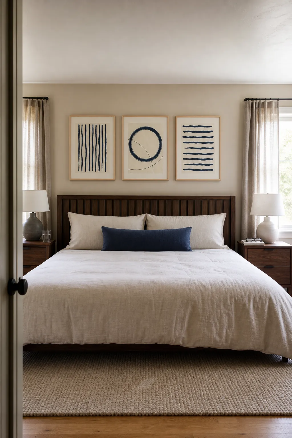 Three coordinated wall art panels above a wood bed