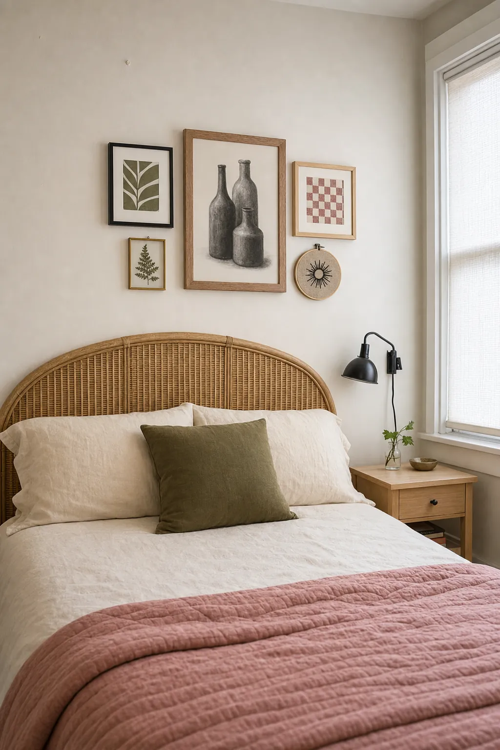 Compact five-frame gallery wall above a bedroom headboard