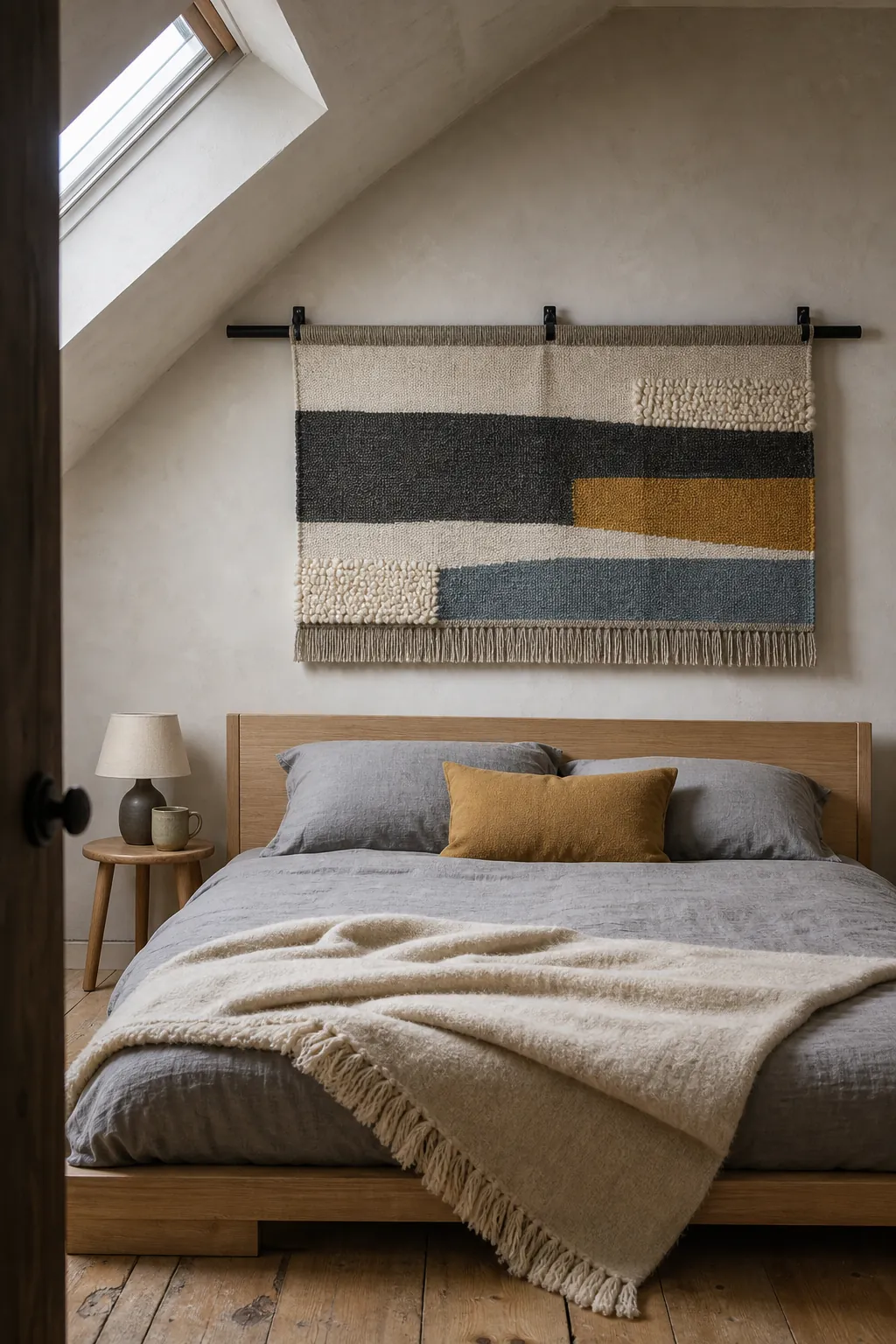 Wide woven textile securely hung above a simple bed