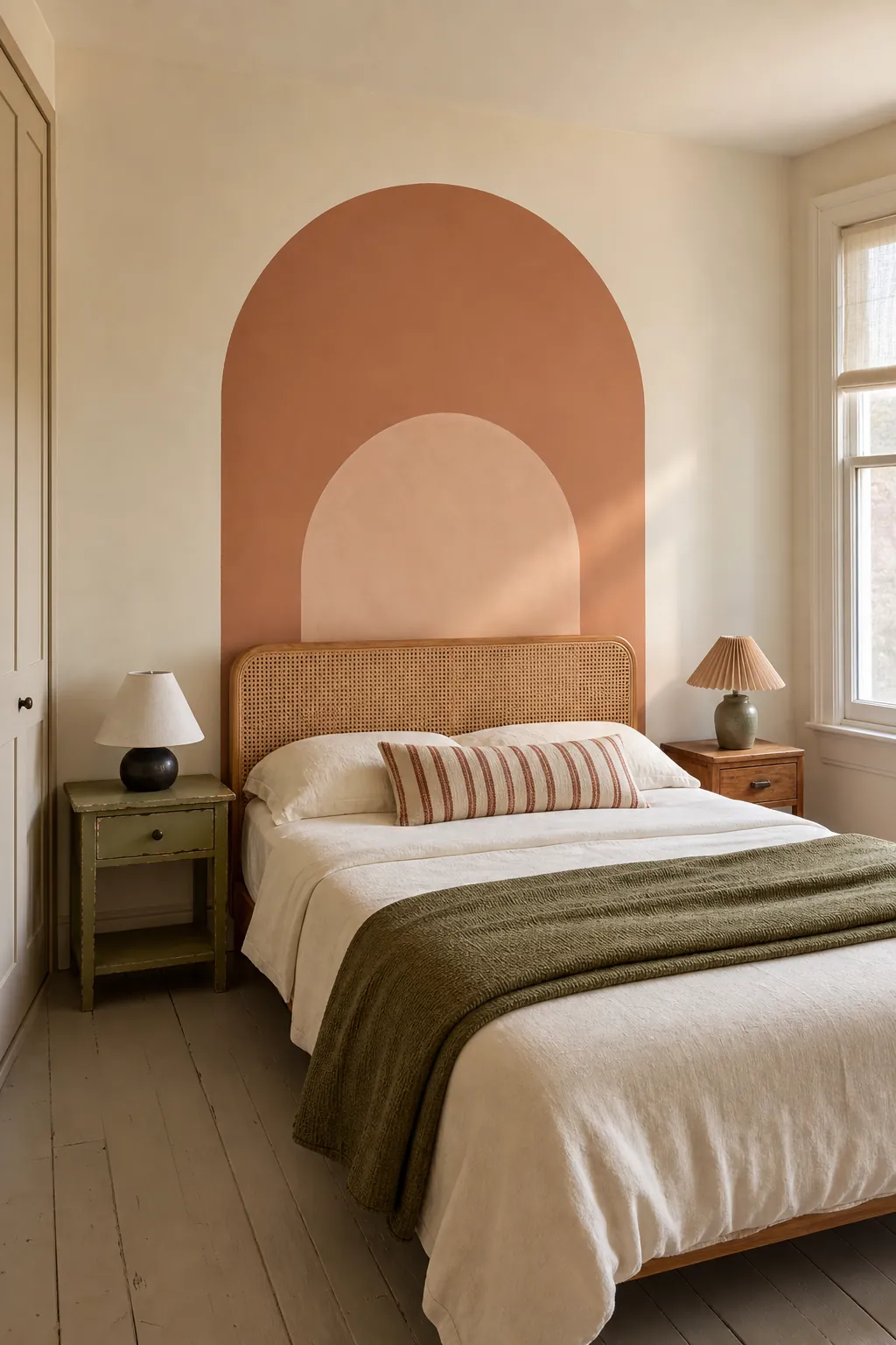 Painted clay arch used as wall decor behind a bed