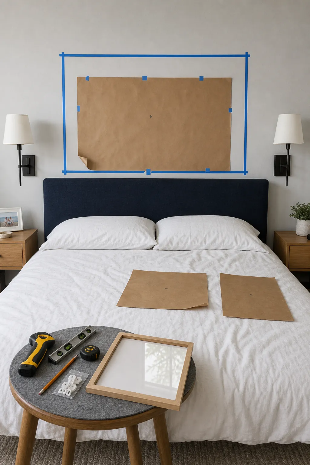 Painter tape planning a safe wall decor layout above a bed