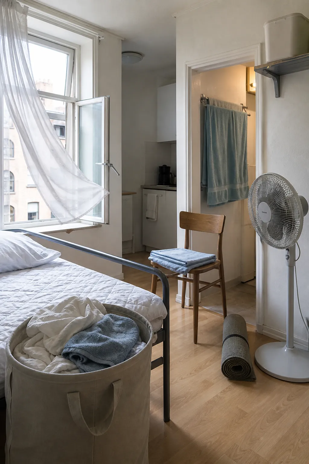 Small apartment airing out while bedding and towels are refreshed