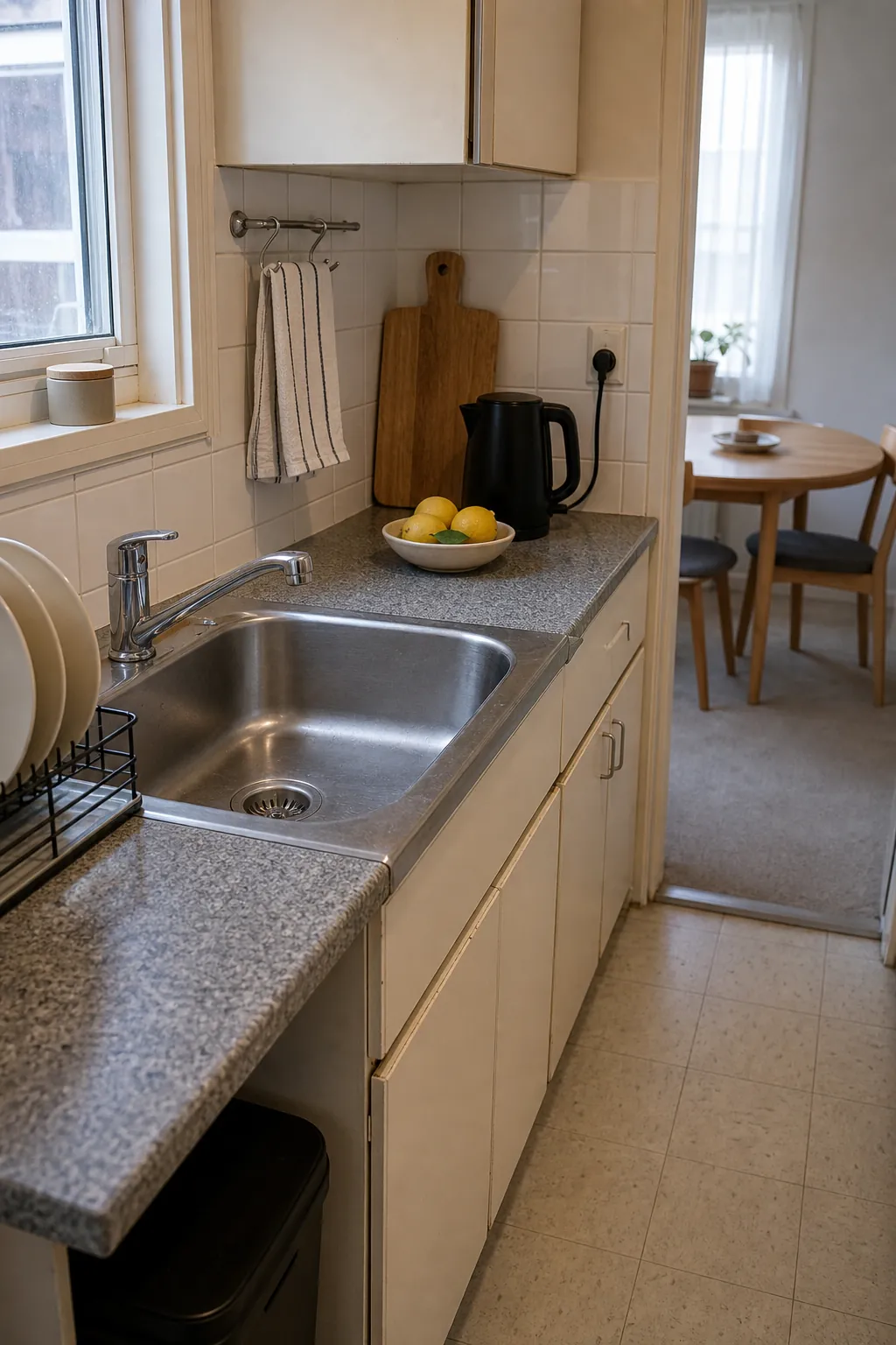 Fresh compact kitchen with a clean sink and one clear work counter