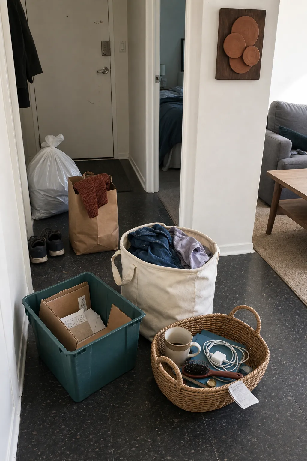 Three-basket collection loop for rubbish laundry and misplaced items