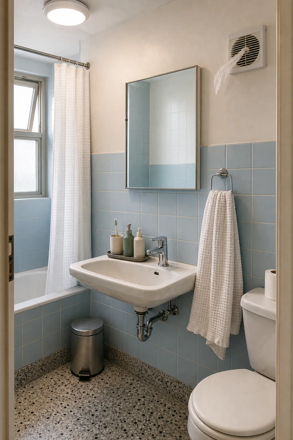 Small bathroom refreshed with a clear basin and clean hand towel