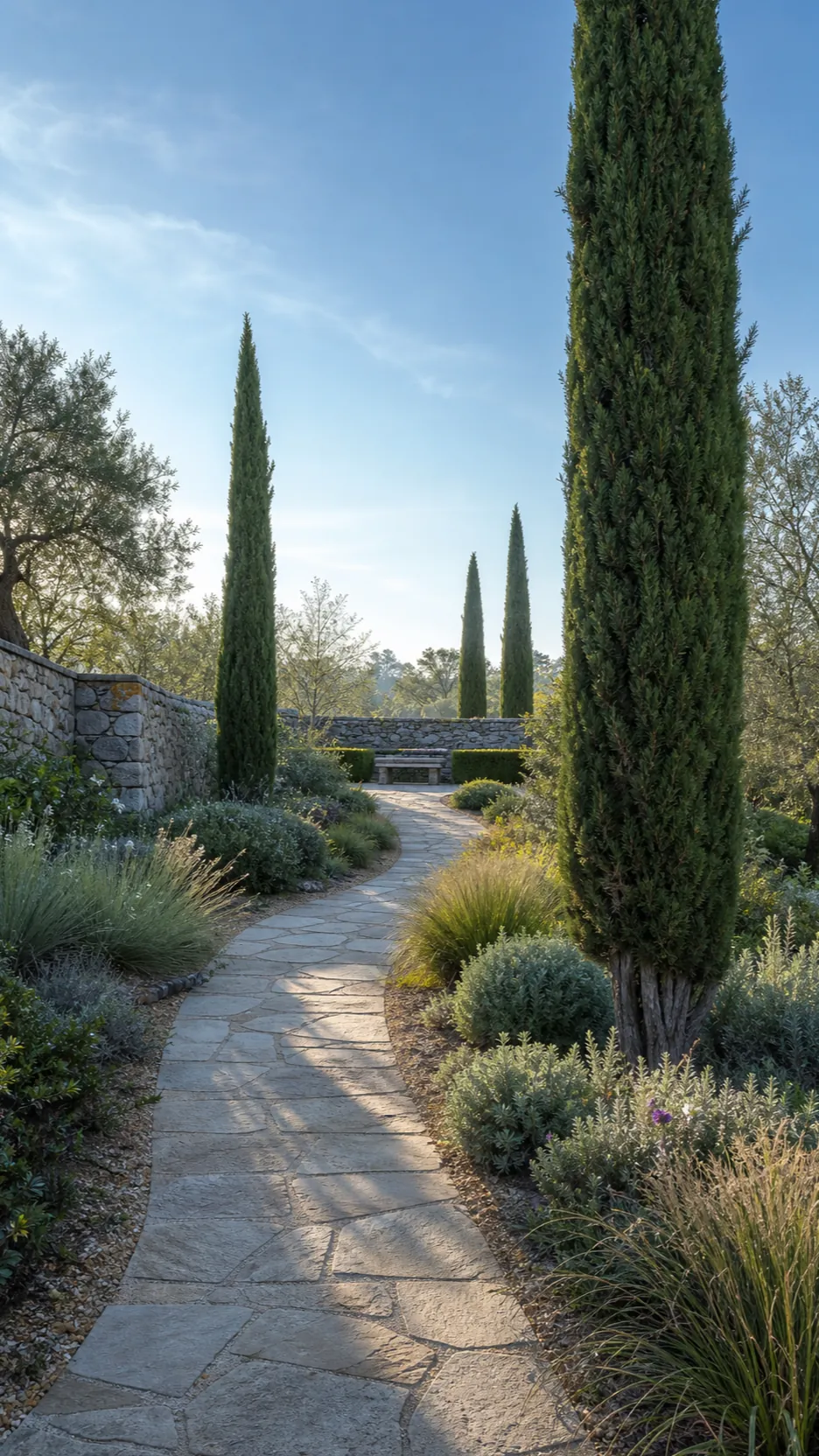 Italian cypress trees framing a Mediterranean garden path