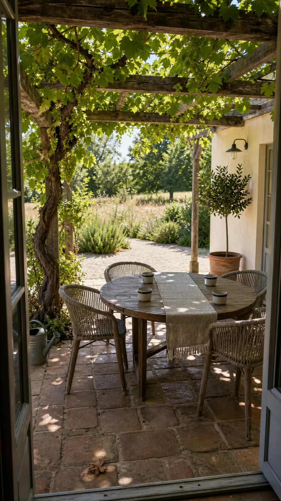 Vine-covered pergola shading a Mediterranean outdoor dining patio