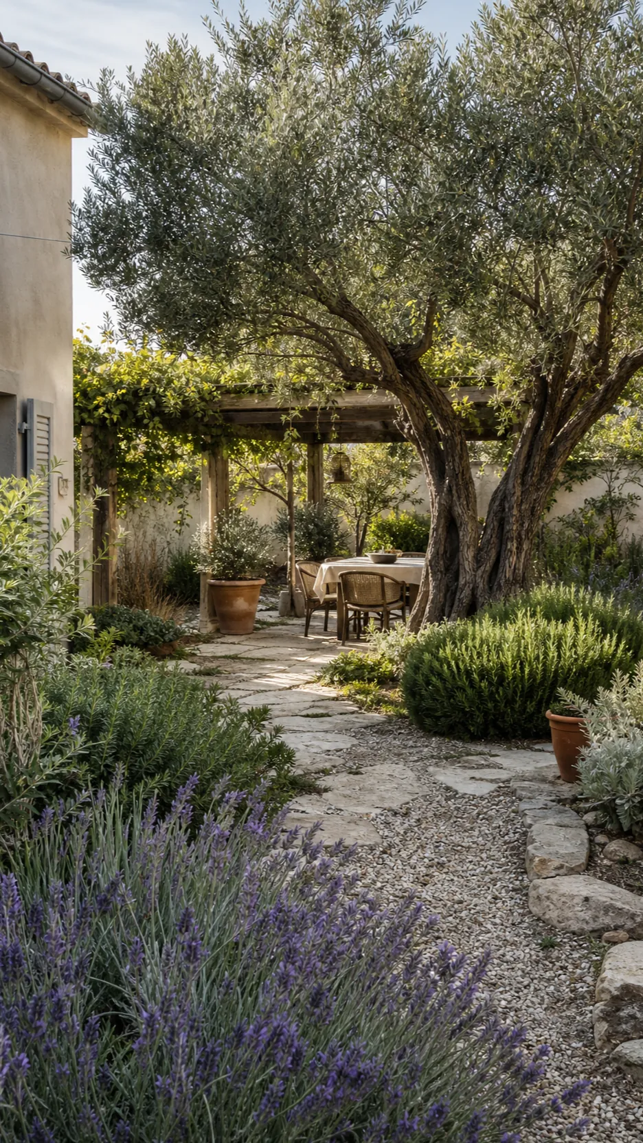 Mediterranean garden courtyard with olive tree, pergola, lavender and pale stone