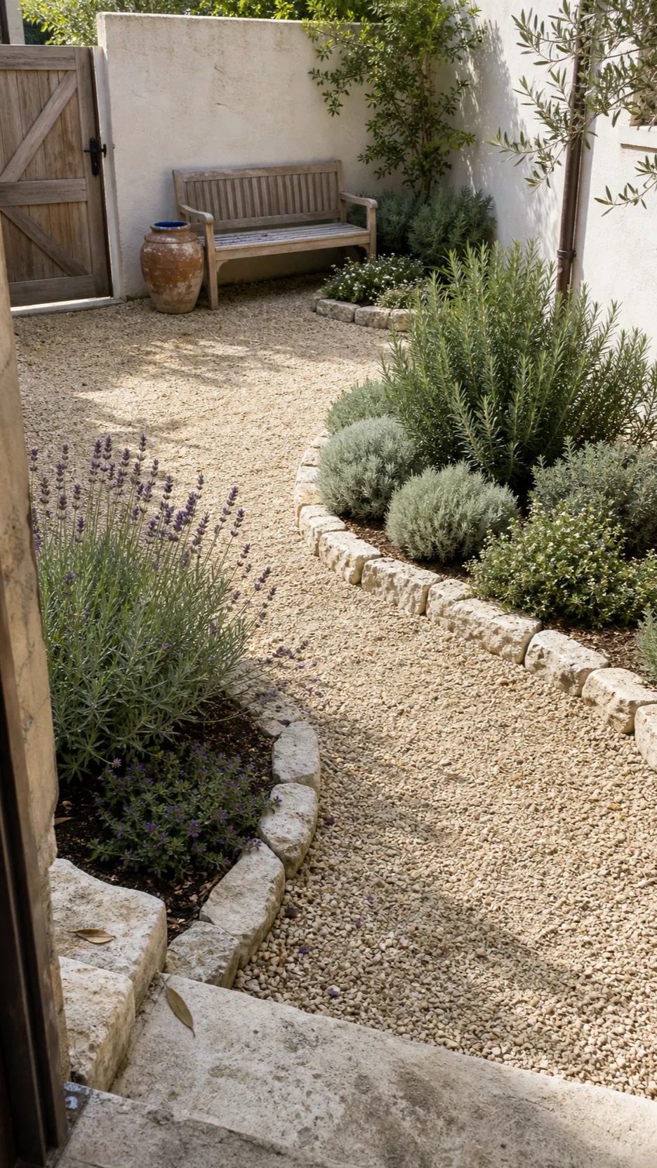 Mediterranean gravel courtyard with lavender, rosemary and limestone edging