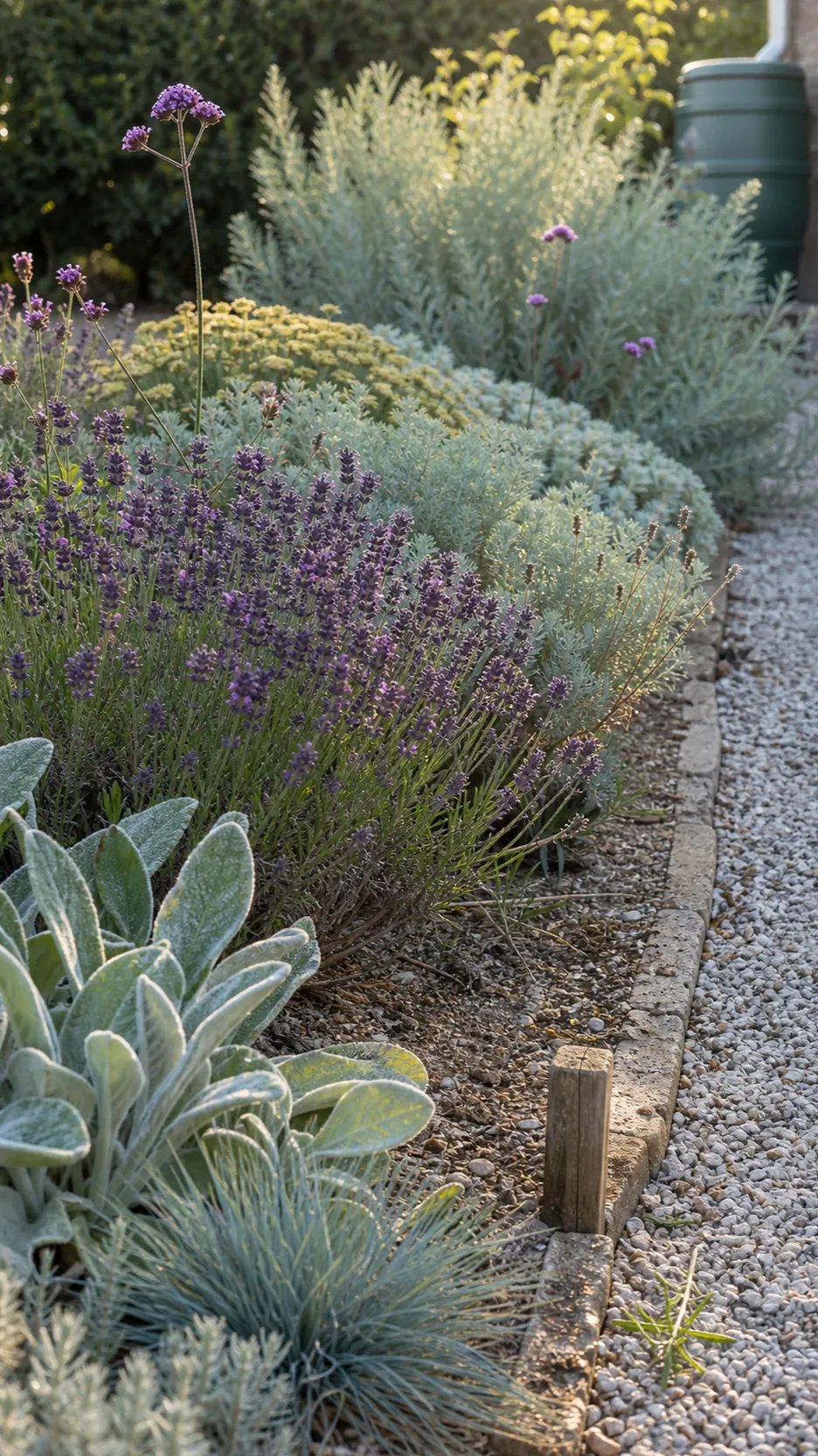 Layered lavender and silver foliage in a Mediterranean border