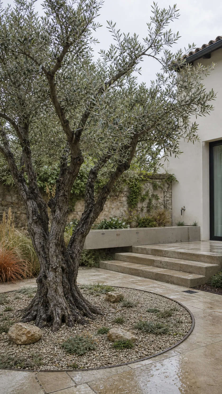 Sculptural olive tree centered in a modern Mediterranean garden