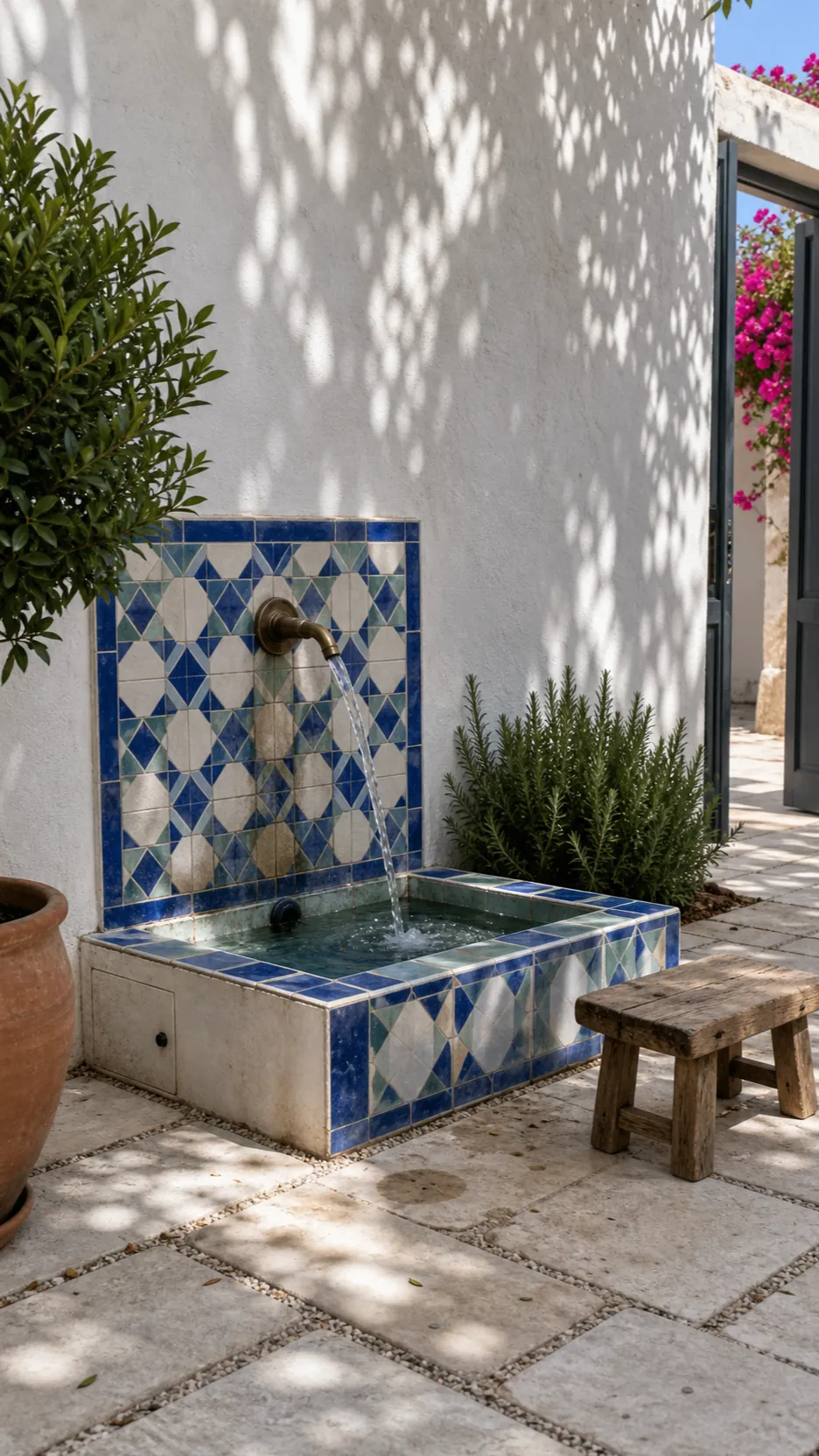 Blue tiled recirculating fountain in a Greek style courtyard
