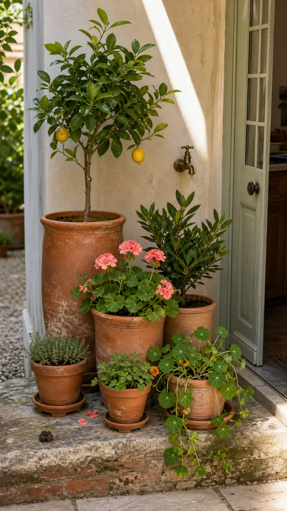 Grouped terracotta pots with citrus, herbs and flowers