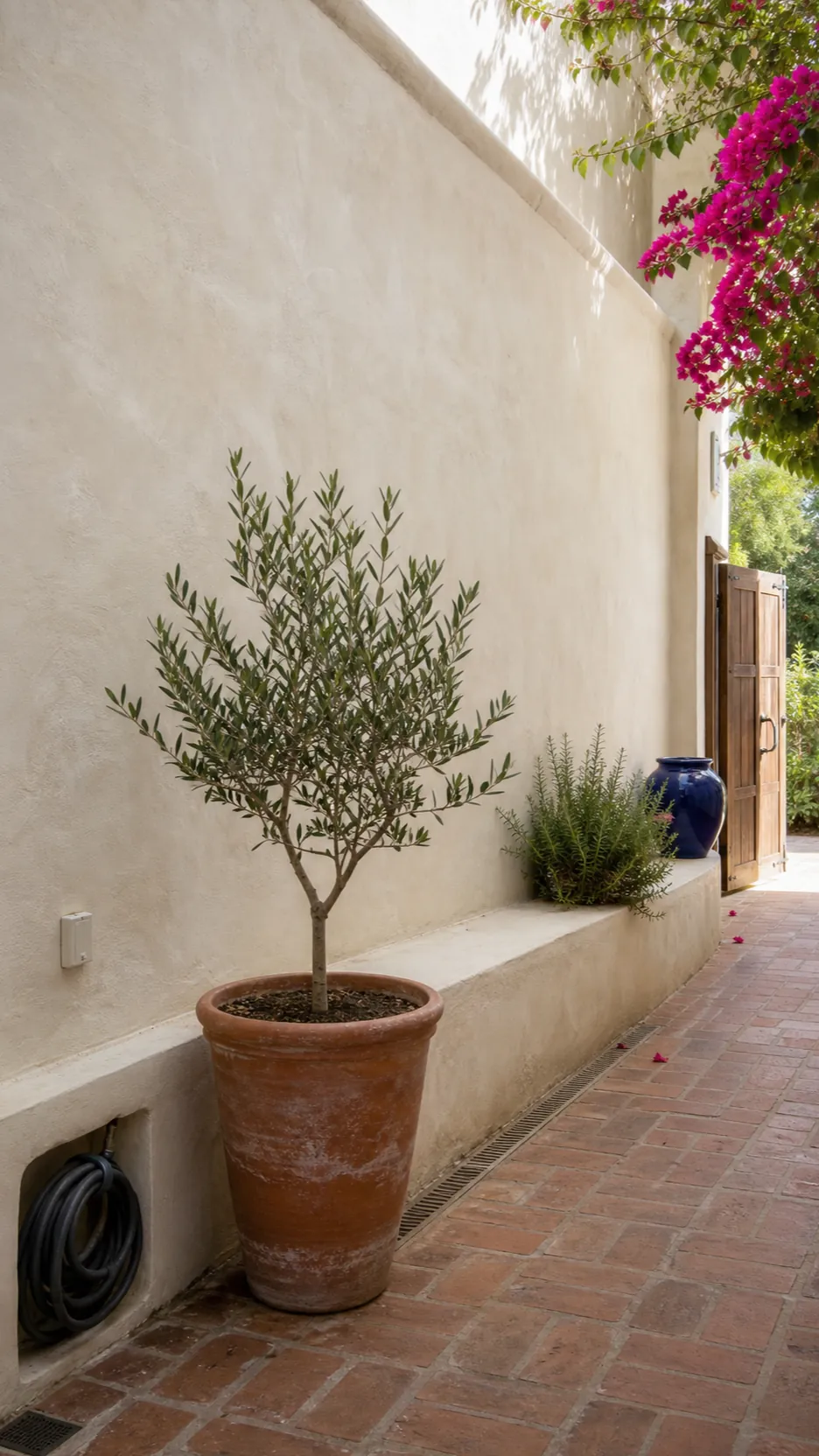 Warm white limewashed wall behind Mediterranean courtyard planting