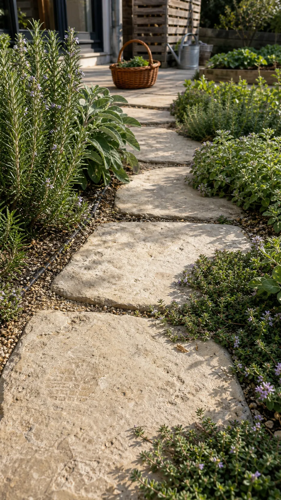 Stone garden walk edged with rosemary, thyme and sage