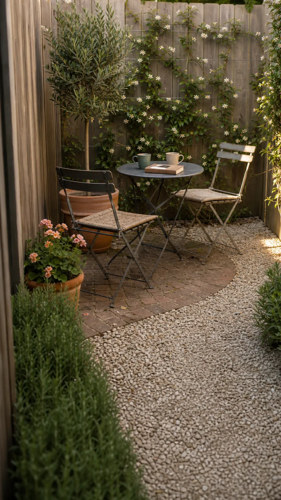 Small Mediterranean garden bistro corner with folding chairs