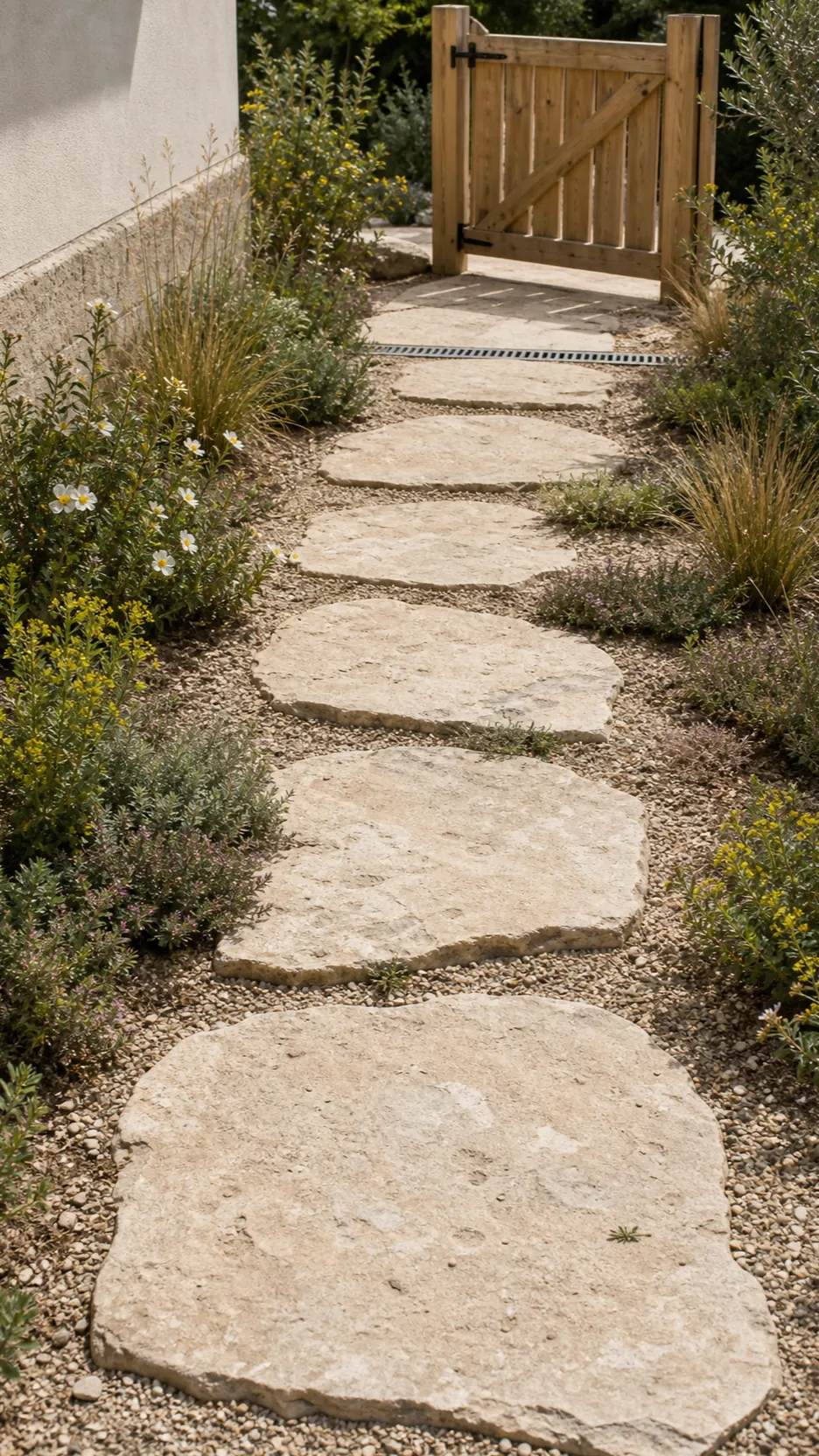 Pale limestone stepping path through Mediterranean planting