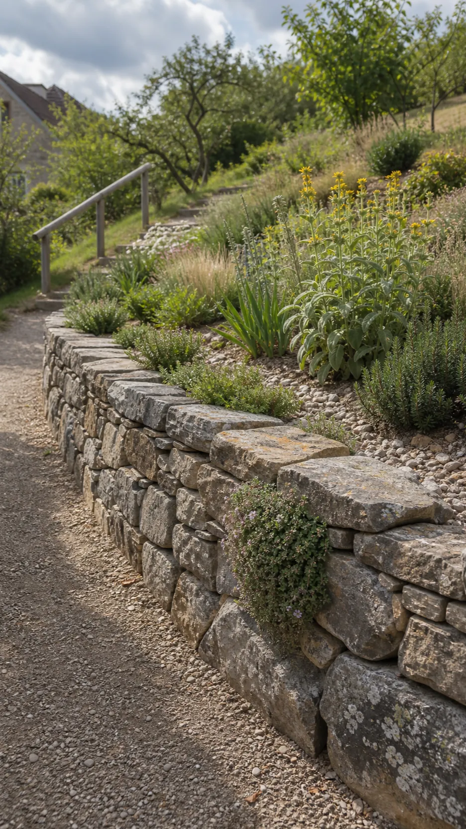 Curved dry-stone terrace planted with Mediterranean shrubs