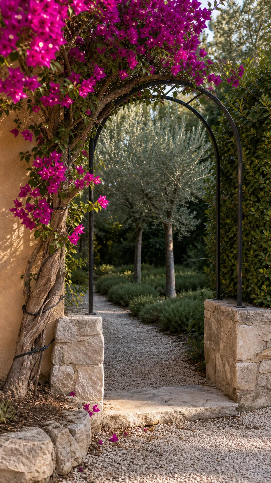 Bougainvillea flowering over a Mediterranean garden arch