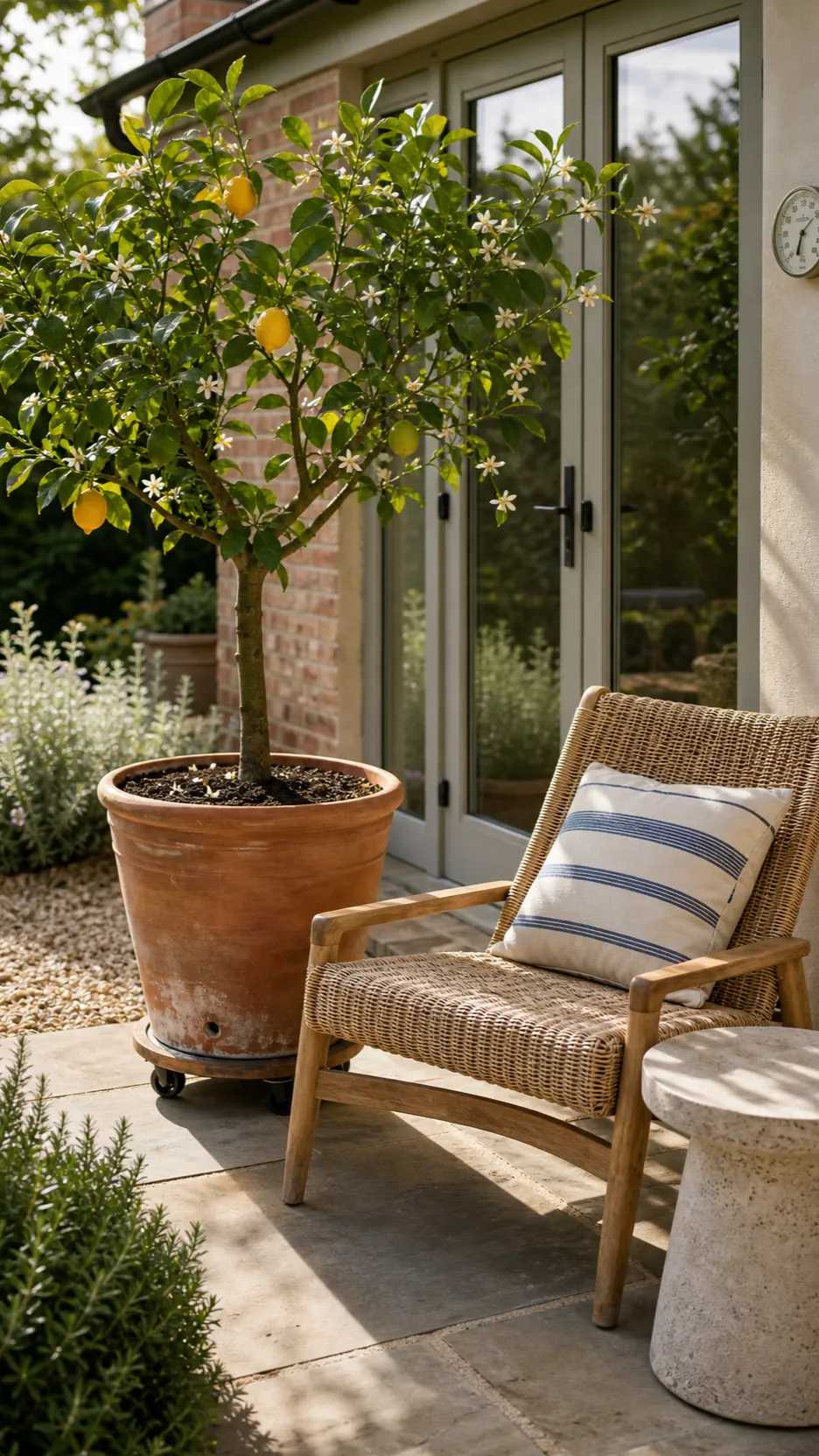 Potted lemon tree beside Mediterranean patio seating