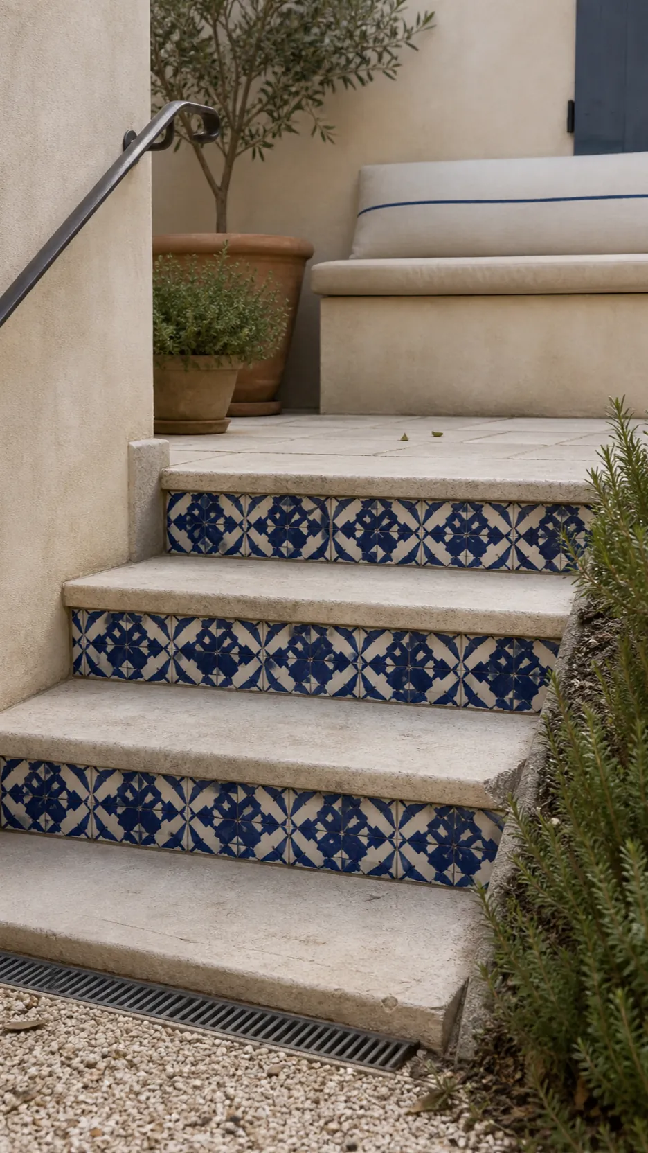 Blue patterned tile accents paired with quiet limestone paving