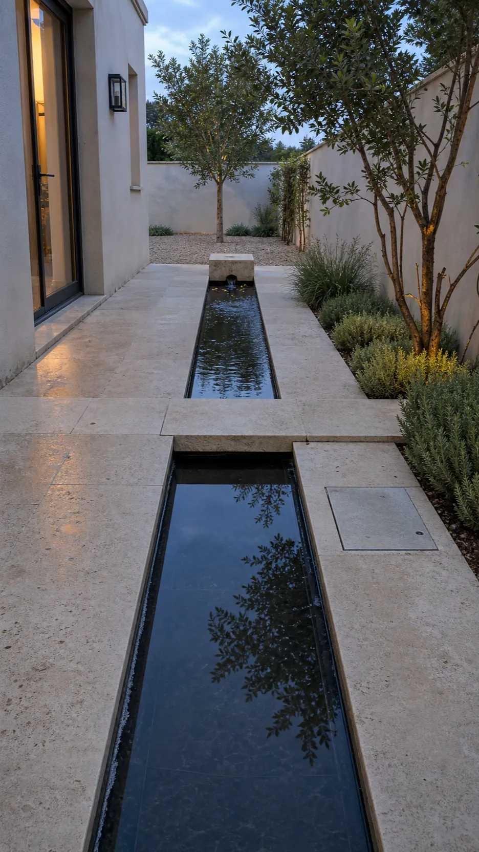Narrow modern water rill aligned through a Mediterranean courtyard
